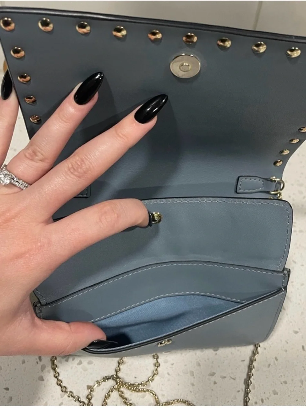 Valentino Garavani authentic Slate Blue Rockstud Crossbody with Gold Chain